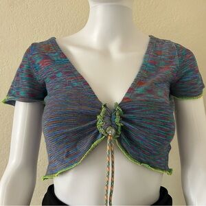 Urban Outfitters front rouche teal blue striped knit cropped top - medium